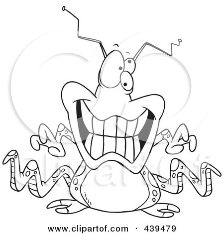 Royalty-Free (RF) Clip Art Illustration of a Cartoon Black And White Outline Design Of A Grinning Alien by toonaday