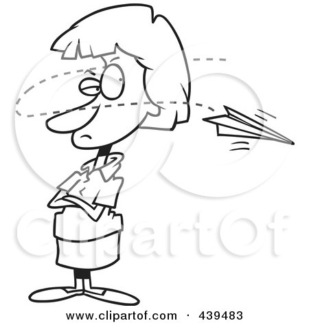 Royalty-Free (RF) Clip Art Illustration of a Cartoon Black And White Outline Design Of A Paper Plane Annoying A Businesswoman by toonaday