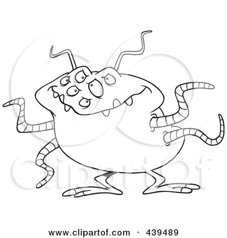 Royalty-Free (RF) Clip Art Illustration of a Cartoon Black And White Outline Design Of A Menacing Alien by toonaday