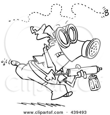 Royalty-Free (RF) Clip Art Illustration of a Cartoon Black And White Outline Design Of A Man Chasing Down An Annoying Fly With Bug Spray by toonaday