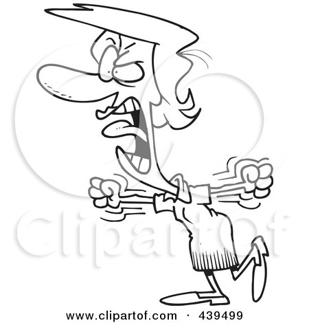 Royalty-Free (RF) Clip Art Illustration of a Cartoon Black And White Outline Design Of A Furious Businesswoman Stomping And Screaming by toonaday
