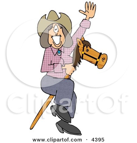 Happy, Smiley Cowgirl Riding a Toy Stick Horse Clipart by djart