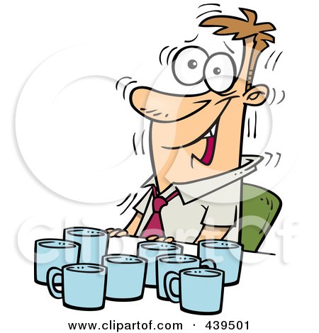 Royalty-Free (RF) Clip Art Illustration of a Cartoon Jittery Businessman With Coffee Cups At A Table by toonaday