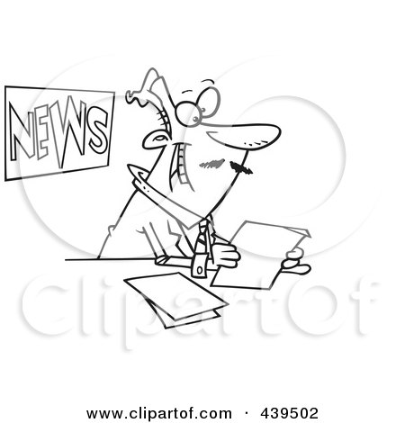Royalty-Free (RF) Clip Art Illustration of a Cartoon Black And White Outline Design Of A News Anchorman Reading by toonaday