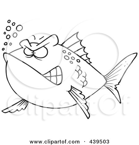 Royalty-Free (RF) Clip Art Illustration of a Cartoon Black And White Outline Design Of A Mad Fish by toonaday
