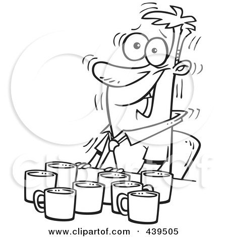 Royalty-Free (RF) Clip Art Illustration of a Cartoon Black And White Outline Design Of A Jittery Businessman With Coffee Cups At A Table by toonaday
