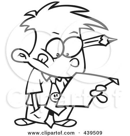 Royalty-Free (RF) Clip Art Illustration of a Cartoon Black And White Outline Design Of A Business Boy Analyzing A Document by toonaday