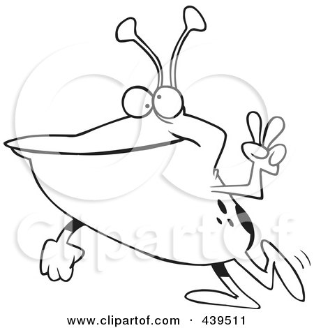 Royalty-Free (RF) Clip Art Illustration of a Cartoon Black And White Outline Design Of A Peaceful Alien by toonaday