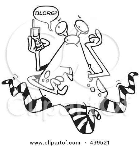 Royalty-Free (RF) Clip Art Illustration of a Cartoon Black And White Outline Design Of An Alien Using A Cell Phone by toonaday