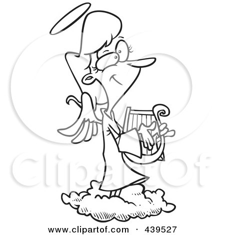 Royalty-Free (RF) Clip Art Illustration of a Cartoon Black And White Outline Design Of A Female Angel Playing A Lyre by toonaday