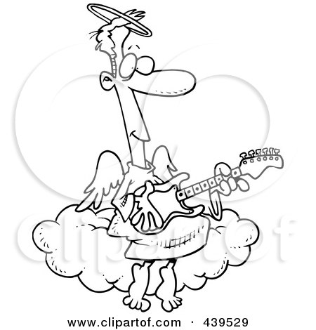 Royalty-Free (RF) Clip Art Illustration of a Cartoon Black And White Outline Design Of An Angel Man Playing A Guitar by toonaday
