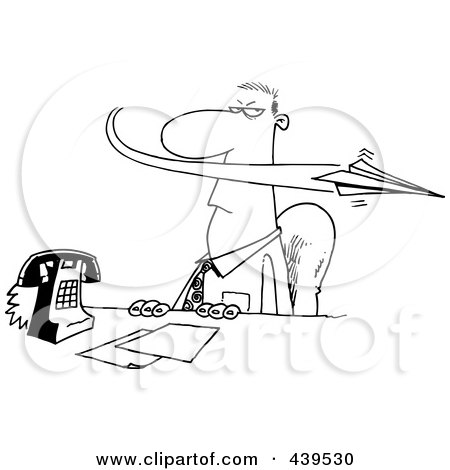 Royalty-Free (RF) Clip Art Illustration of a Cartoon Black And White Outline Design Of A Paper Plane Annoying A Businessman by toonaday