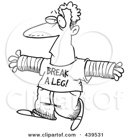 Royalty-Free (RF) Clip Art Illustration of a Cartoon Black And White Outline Design Of An Accident Prone Man Wearing A Break A Leg Shirt by toonaday