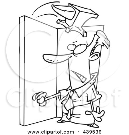 Royalty-Free (RF) Clip Art Illustration of a Cartoon Black And White Outline Design Of An Anvil Falling On A Businessman In A Doorway by toonaday