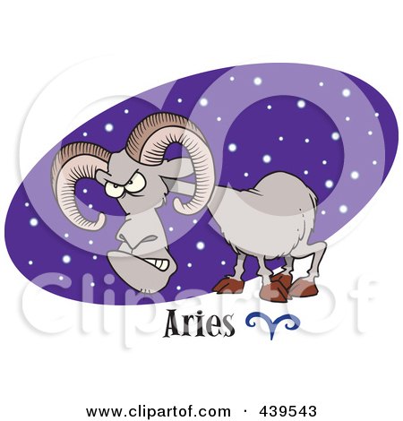 Royalty-Free (RF) Clip Art Illustration of a Cartoon Aries Ram Over A Purple Starry Oval by toonaday