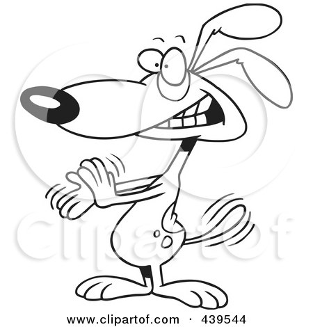 Royalty-Free (RF) Clip Art Illustration of a Cartoon Black And White Outline Design Of A Clapping Dog by toonaday