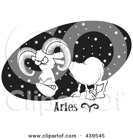 Royalty-Free (RF) Clip Art Illustration of a Cartoon Black And White Outline Design Of An Aries Ram Over A Black Starry Oval by toonaday