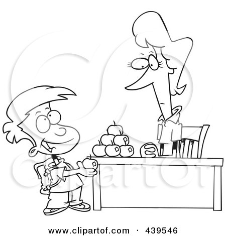 Royalty-Free (RF) Clip Art Illustration of a Cartoon Black And White Outline Design Of A School Boy Adding To The Pyramid Of Apples On His Teacher's Desk by toonaday