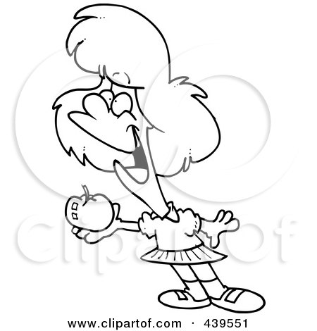 Royalty-Free (RF) Clip Art Illustration of a Cartoon Black And White Outline Design Of A School Girl Holding An Apple by toonaday