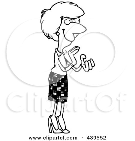 Royalty-Free (RF) Clip Art Illustration of a Cartoon Black And White Outline Design Of A Pleased Businesswoman Clapping by toonaday