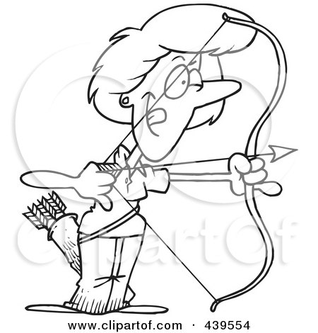 Royalty-Free (RF) Clip Art Illustration of a Cartoon Black And White Outline Design Of A Female Archer Aiming by toonaday
