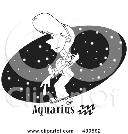 Royalty-Free (RF) Clip Art Illustration of a Cartoon Black And White Outline Design Of An Aquarius Woman Over A Black Starry Oval by toonaday