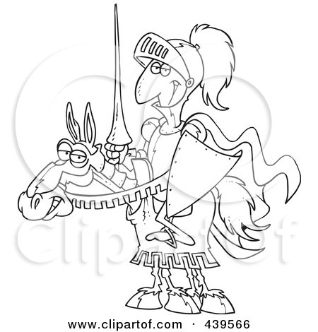 Royalty-Free (RF) Clip Art Illustration of a Cartoon Black And White Outline Design Of A Jouster Knight On His Horse by toonaday