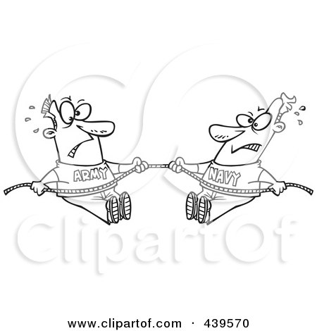 Royalty-Free (RF) Clip Art Illustration of a Cartoon Black And White Outline Design Of Army And Navy Men Playing Tug Of War by toonaday