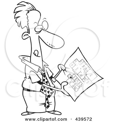 Royalty-Free (RF) Clip Art Illustration of a Cartoon Black And White Outline Design Of A Businessman Examining Blueprints by toonaday