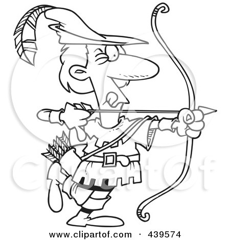 Royalty-Free (RF) Clip Art Illustration of a Cartoon Black And White Outline Design Of Robin Hood Aiming by toonaday