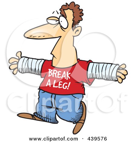 Royalty-Free (RF) Clip Art Illustration of a Cartoon Accident Prone Man Wearing A Break A Leg Shirt by toonaday