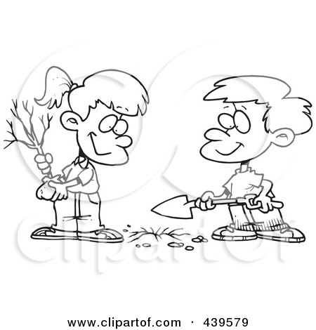 Royalty-Free (RF) Clip Art Illustration of a Cartoon Black And White Outline Design Of A Boy And Girl Planting An Arbor Day Tree by toonaday