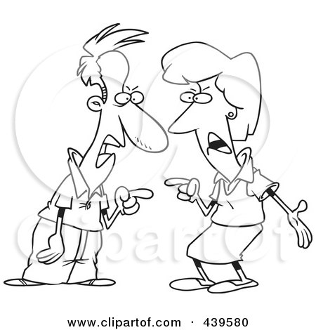 Royalty-Free (RF) Clip Art Illustration of a Cartoon Black And White Outline Design Of A Couple Engaged In An Argument by toonaday
