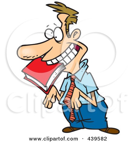 Royalty-Free (RF) Clip Art Illustration of a Cartoon Approval Seeking Employee With A Book In His Mouth by toonaday