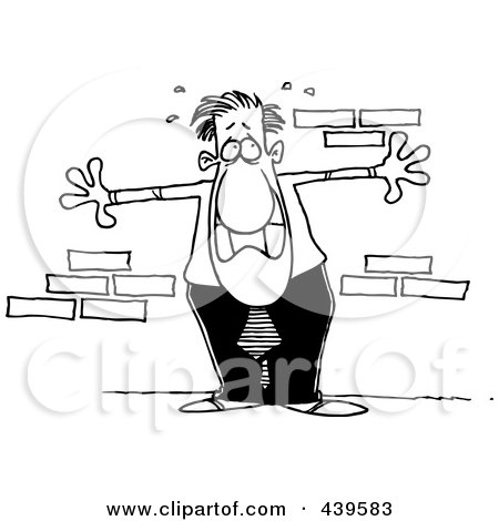 Royalty-Free (RF) Clip Art Illustration of a Cartoon Black And White Outline Design Of An Anxious Businessman Up Against A Wall by toonaday