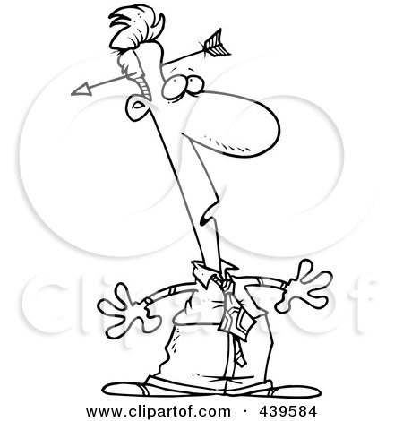Royalty-Free (RF) Clip Art Illustration of a Cartoon Black And White Outline Design Of A Businessman Noticing An Arrow In His Head by toonaday