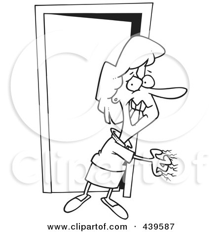Royalty-Free (RF) Clip Art Illustration of a Cartoon Black And White Outline Design Of An Anxious Woman Scratching A Wall by toonaday
