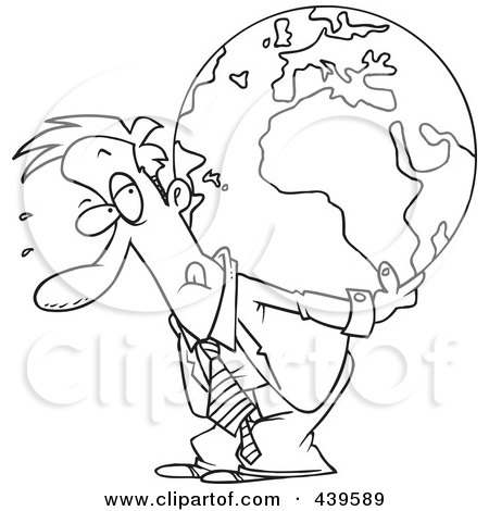 Royalty-Free (RF) Clip Art Illustration of a Cartoon Black And White Outline Design Of A Businessman Carrying A Burden Globe On His Back by toonaday