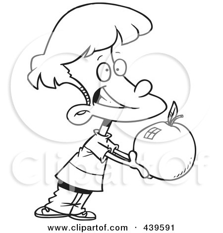 Royalty-Free (RF) Clip Art Illustration of a Cartoon Black And White Outline Design Of A School Boy Holding Out A Large Apple by toonaday