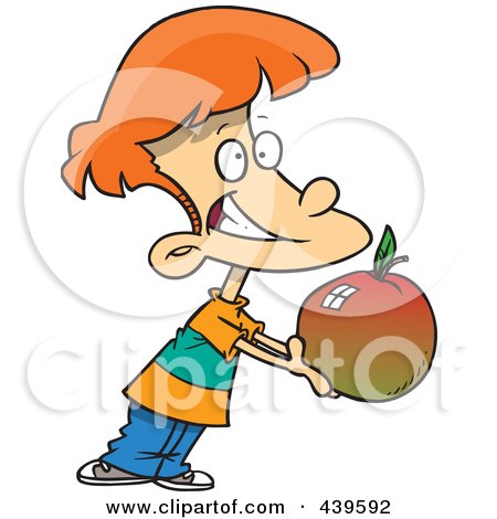 Royalty-Free (RF) Clip Art Illustration of a Cartoon School Boy Holding Out A Large Apple by toonaday
