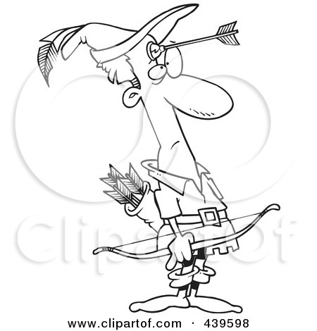 Royalty-Free (RF) Clip Art Illustration of a Cartoon Black And White Outline Design Of Robin Hood With An Arrow On His Forehead by toonaday