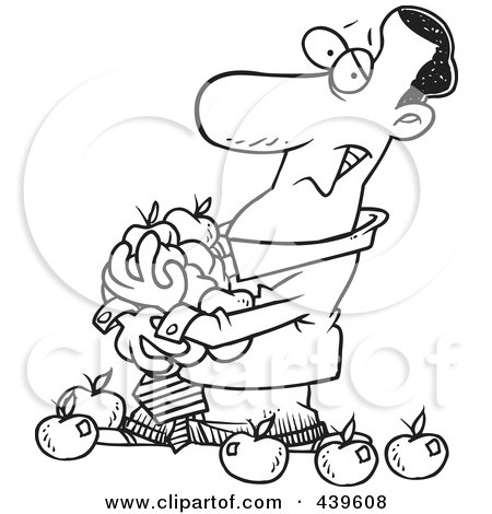 Royalty-Free (RF) Clip Art Illustration of a Cartoon Black And White Outline Design Of A Black Businessman Holding An Armful Of Apples by toonaday