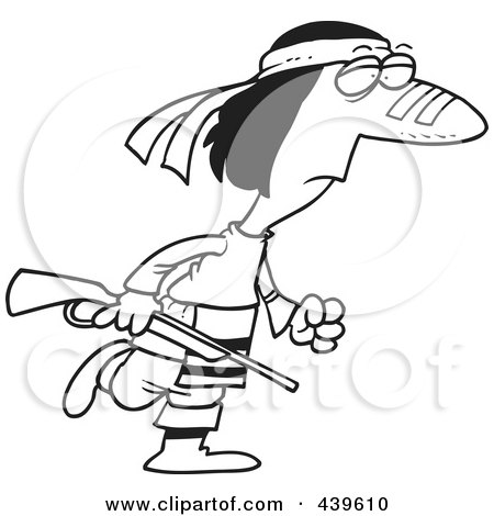 Royalty-Free (RF) Clip Art Illustration of a Cartoon Black And White Outline Design Of A Native American Man Carrying A Gun by toonaday