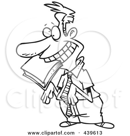 Royalty-Free (RF) Clip Art Illustration of a Cartoon Black And White Outline Design Of An Approval Seeking Employee With A Book In His Mouth by toonaday