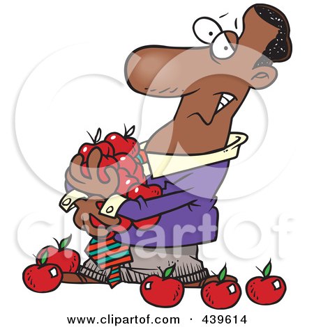 Royalty-Free (RF) Clip Art Illustration of a Cartoon Black Businessman Holding An Armful Of Apples by toonaday