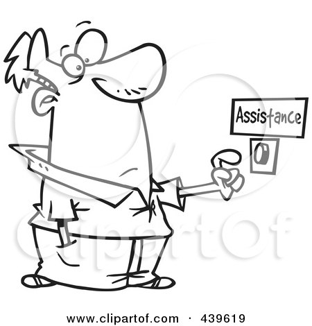 Royalty-Free (RF) Clip Art Illustration of a Cartoon Black And White Outline Design Of A Man Pushing An Assistance Button by toonaday