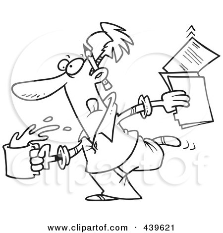 Royalty-Free (RF) Clip Art Illustration of a Cartoon Black And White Outline Design Of An Editor Running With Coffee And Documents by toonaday