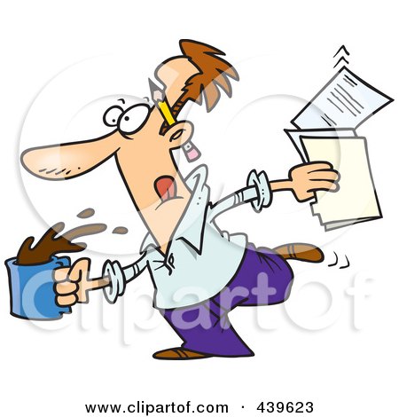 Royalty-Free (RF) Clip Art Illustration of a Cartoon Editor Running With Coffee And Documents by toonaday