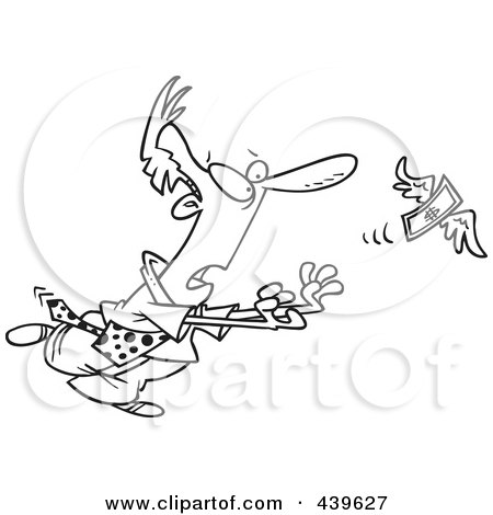 Royalty-Free (RF) Clip Art Illustration of a Cartoon Black And White Outline Design Of A Businessman Chasing An Elusive Flying Dollar by toonaday