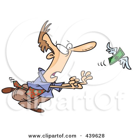 Royalty-Free (RF) Clip Art Illustration of a Cartoon Businessman Chasing An Elusive Flying Dollar by toonaday